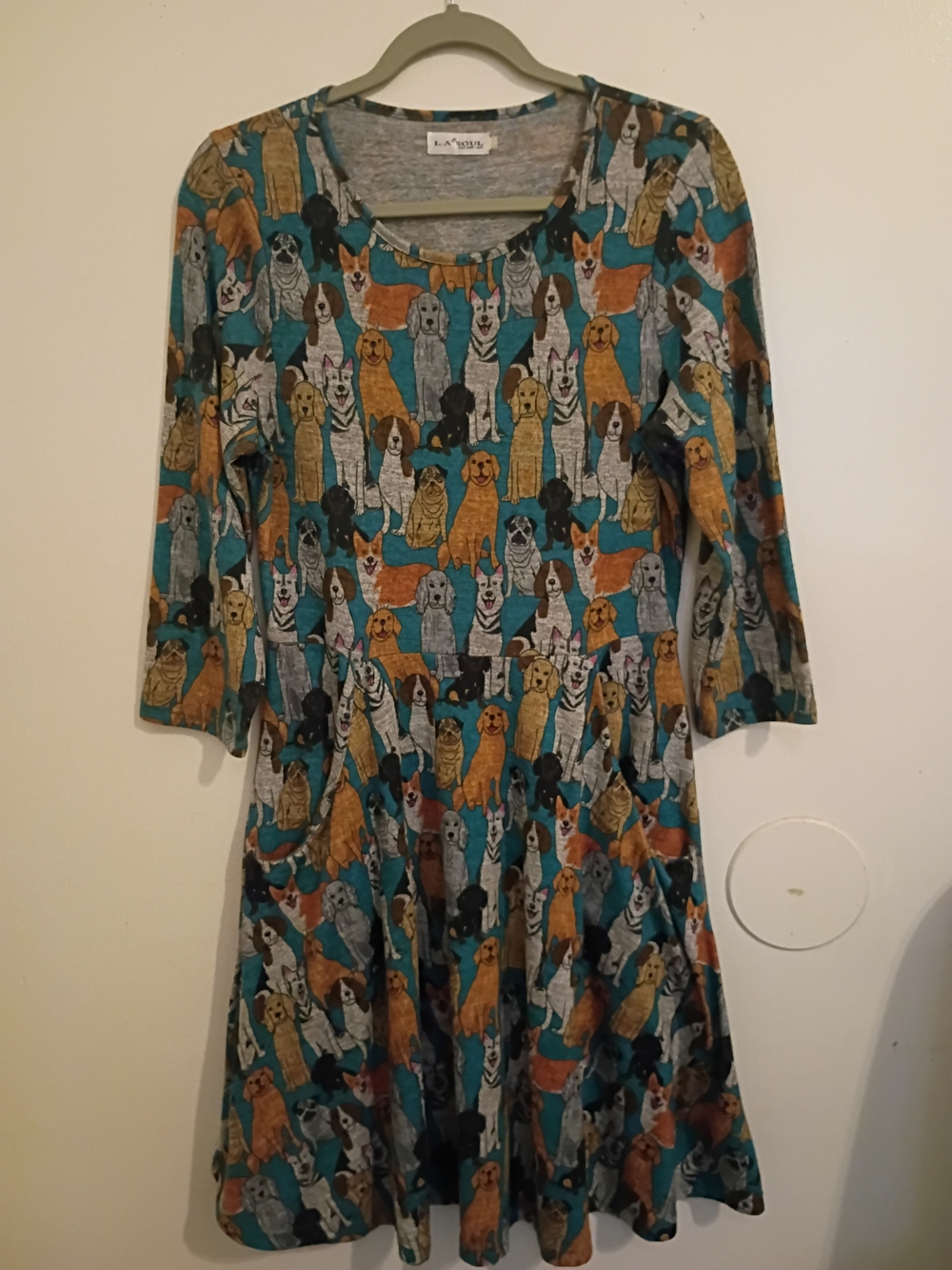 La Soul Women’s Teal Multi Dog-Print  Dress  Pockets Sz M